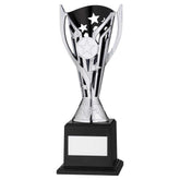 SILVER/BLACK PLASTIC 'FLASH' CUP ON BASE ASSEMBLED TROPHY (1" CEN) - 8.5in
